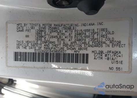 2004 Toyota Sienna Xle z USA, uszkodzony, nr VIN 5TDZA22C84S095837